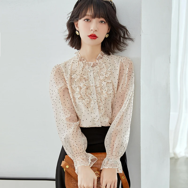 

Dots Women's Shirts Summer 2023 New Prints Blouses Slim Long Sleeves Ruffles Chiffon Tops O-neck Ladies Clothing YCMYUNYAN