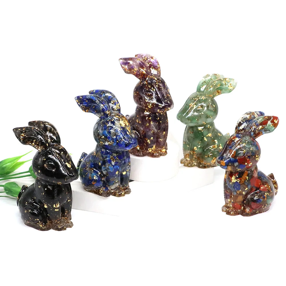 

73mm Rabbit Statue Natural Tumbled Stone And Resin Figurine Crafts Room Ornament Minerals Amethyst Lapis Lazuli Home Decoration