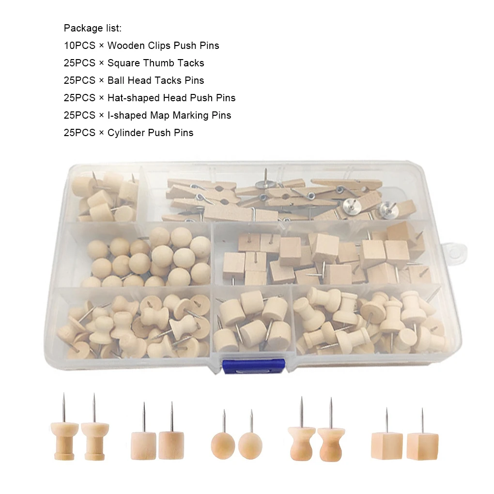 

135Pcs Mini Wooden Wide Application Pins Set Square Thumb Tacks Lightweight Pushpins Photo Household Office Students