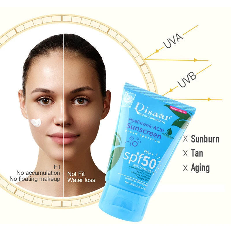 100g Hyaluronic Acid Sunscreen Moisturizing Sunblock SPF50 Oil Control Waterproof Longlasting Isolation Face Cream