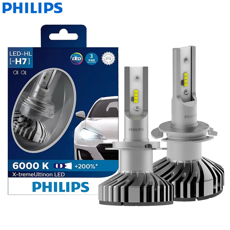 2 шт., Автомобильные светодиодные лампы Philips X-treme Ultinon H7 12 в 6000K + 200% 2 шт., Автомобильные светодиодные лампы Philips X-treme Ultinon H7 12 в 6000K + 200%