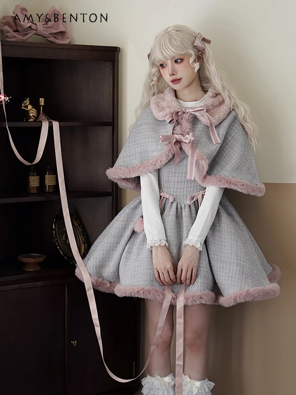 Женское твидовое платье в стиле лолита с бантом