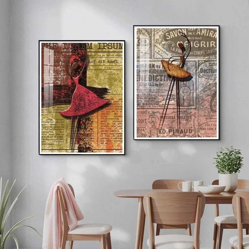 

Abstract Dance Girl Canvas Paintings Vintage Poster Nordic Retro Letter Prints for Living Room Bedroom Corridor Wall Pictures