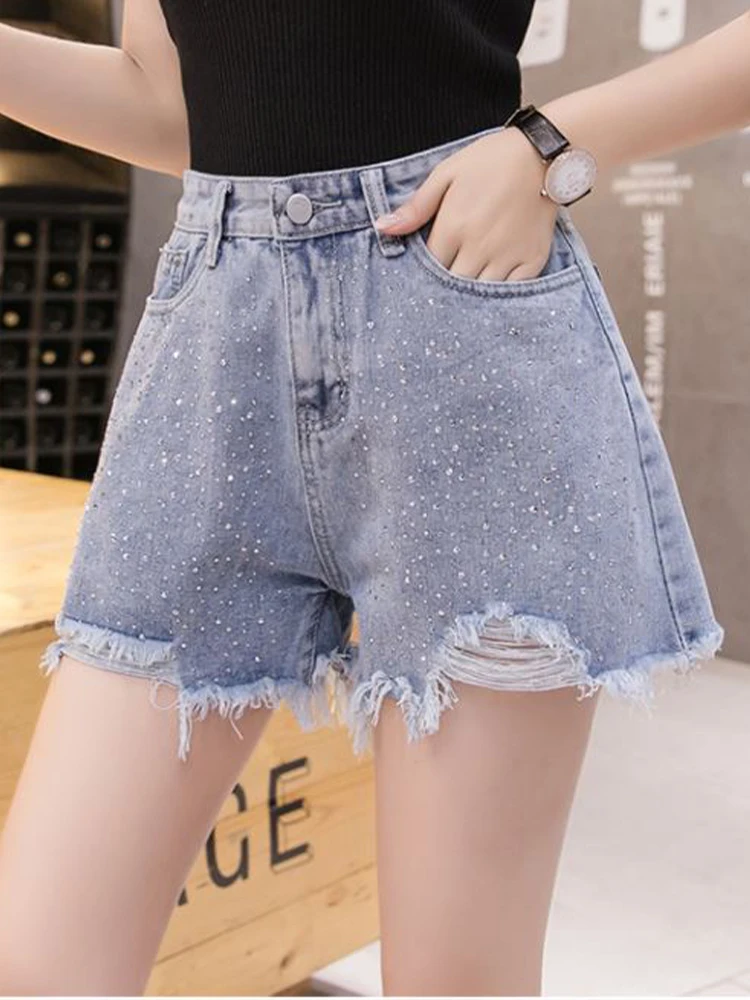 

Casual Hot Drill Pierced High Waisted Denim Shorts With Wide Legs And Raw Hem Hot Pants 2023 New Korean Fashion Women'S Clothing