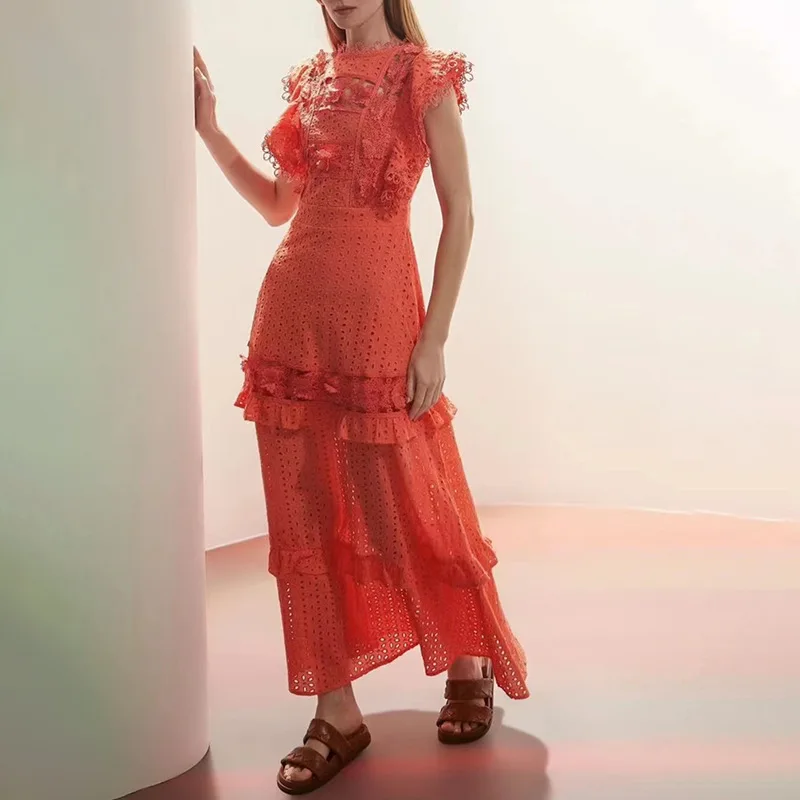 

Orange Color Lace Dress for Women Hollow Out Casual Ball Gown Long Dresses Robe Argent