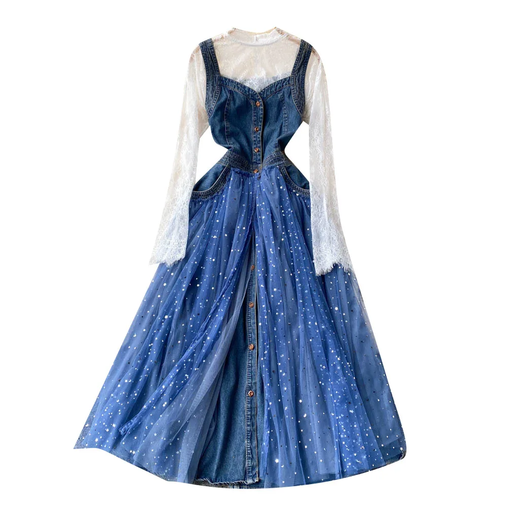 Женское Повседневное платье с длинным рукавом кружевной топ и винтажное