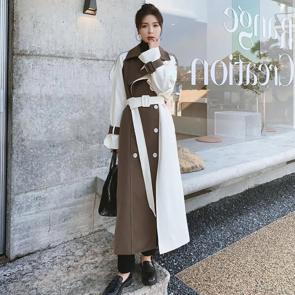 

Women Temperament Trench Coat 2022 Spring Autumn Korean Style Contrast Color Turn Down Collar Patchwork Long Windbreaker