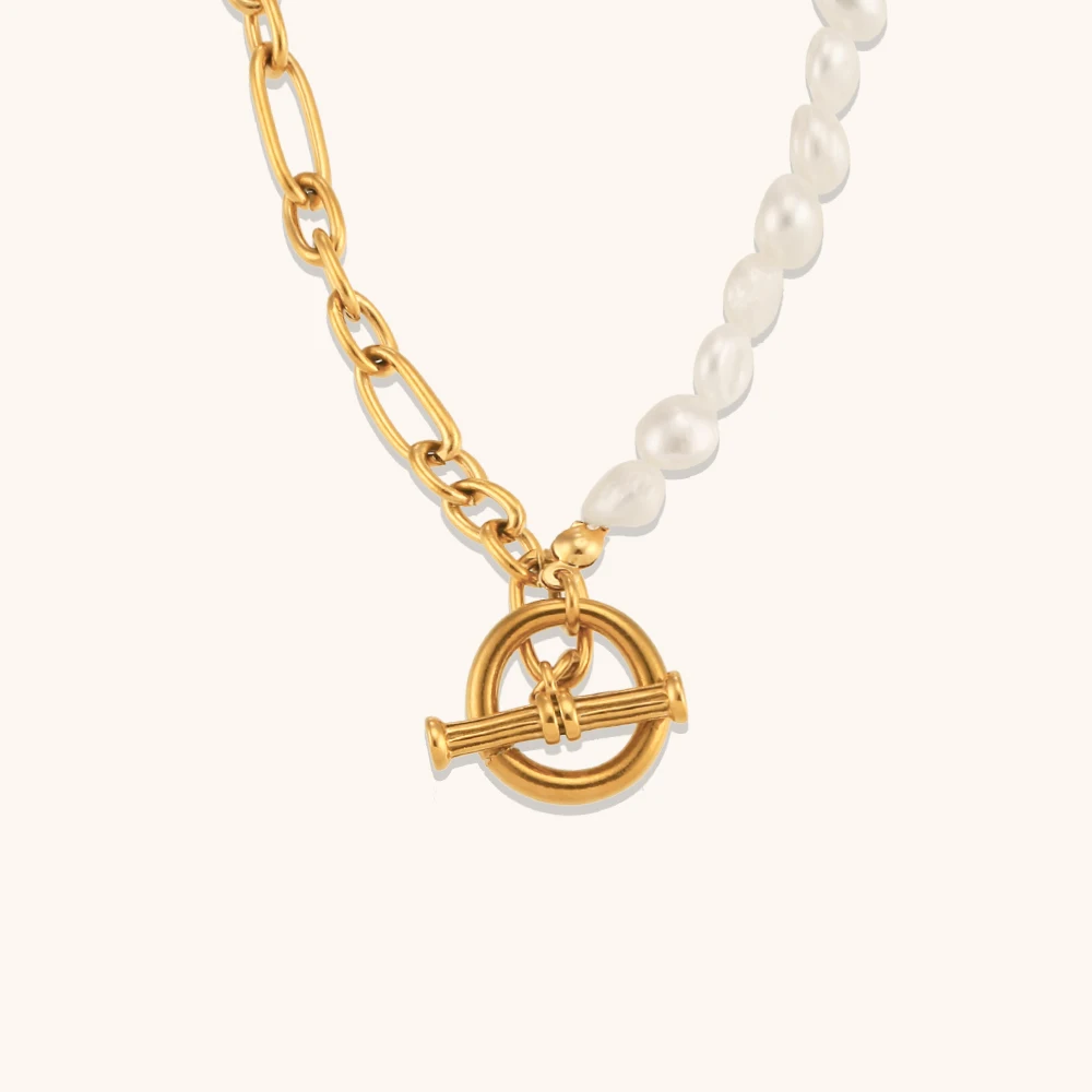 

Fashion Chain Pearl Necklace For Women Baroque Stainless Steel Gold Color Lasso Pendants Choker Jewelry With OT Buckle Acessory