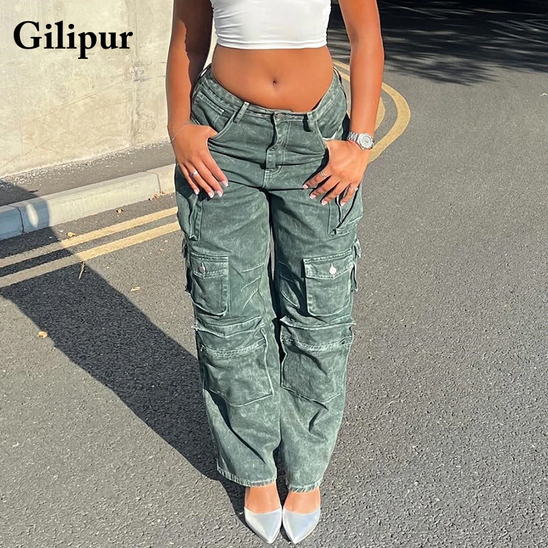

Casual Cargo Pants Low Waist Vintage Loose Streetwear Baggy Jeans Women Multiple pockets Sexy Y2K Straight Trousers