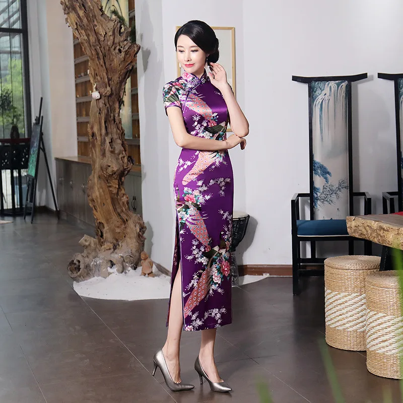Женское атласное платье-Ципао, повседневное длинное атласное платье фиолетового цвета с цветочным принтом, размеры S, XL, 3XL, XXL, лето 0162
