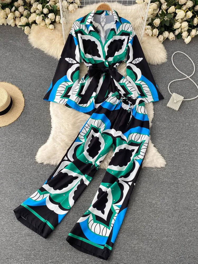 

Women Summer Fashion Vintage Elegant Pants Set Female 2022 Long Sleeve Blouse & Elastic Waist Long Pants Suit
