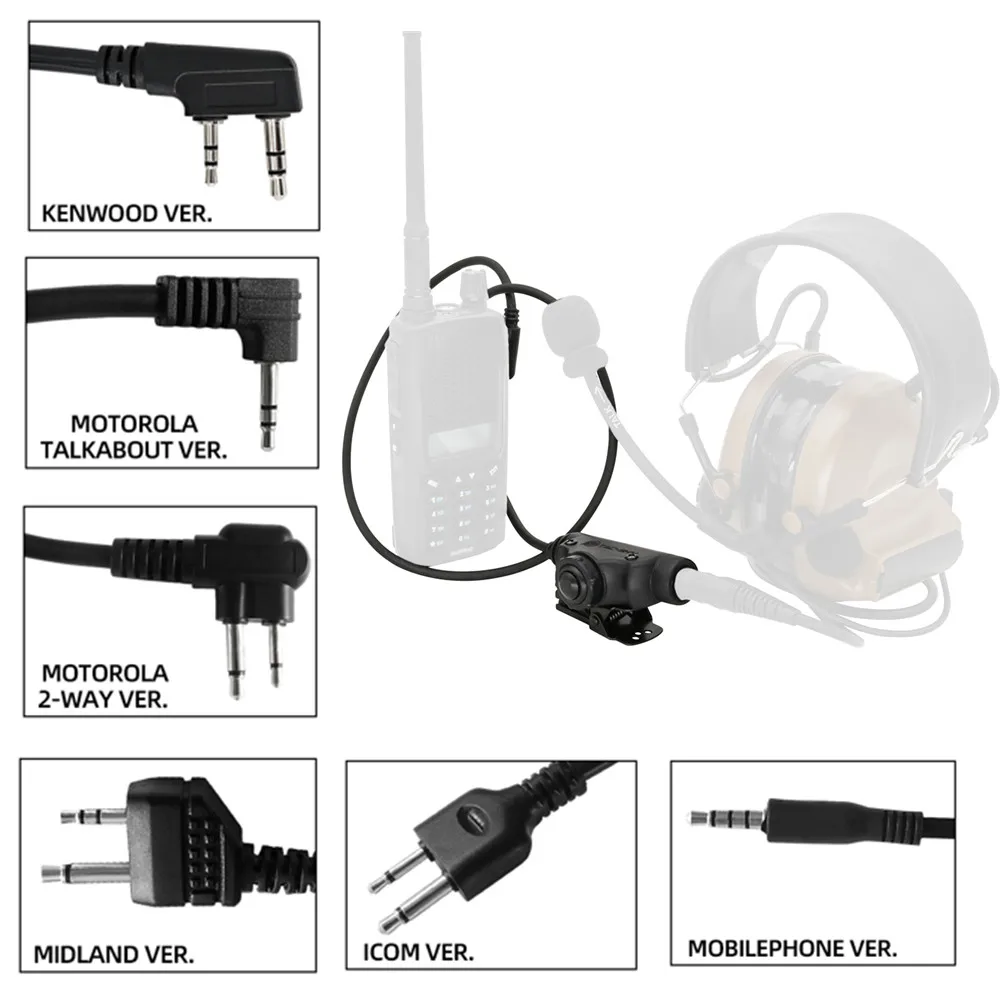 

TCIHEADSET Tactical Airsoft V2 U94 PTT Adapter Icom / Kenwood / Midland / Motorola Cable Plug Compatible Tactical Headset