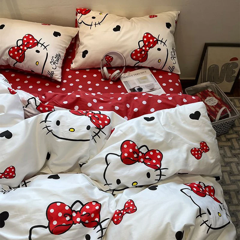 

Kawaii Hello Kitty Cotton Four-Piece Quilt Cover Cartoon Student Anime Girl Three-Piece Bedding Home Textile and Quilt Cover