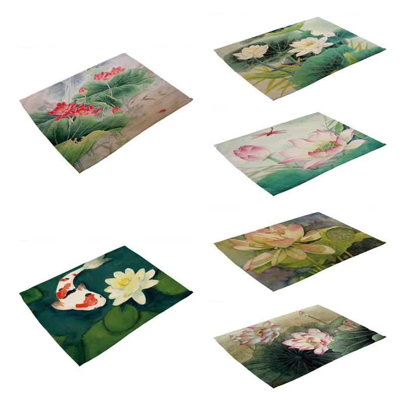 

Lotus Flower Placemat for Pad Dining Table Mat Cloth Linen Flax Heat Insulation Non-Slip Placemats Bowl Coaster