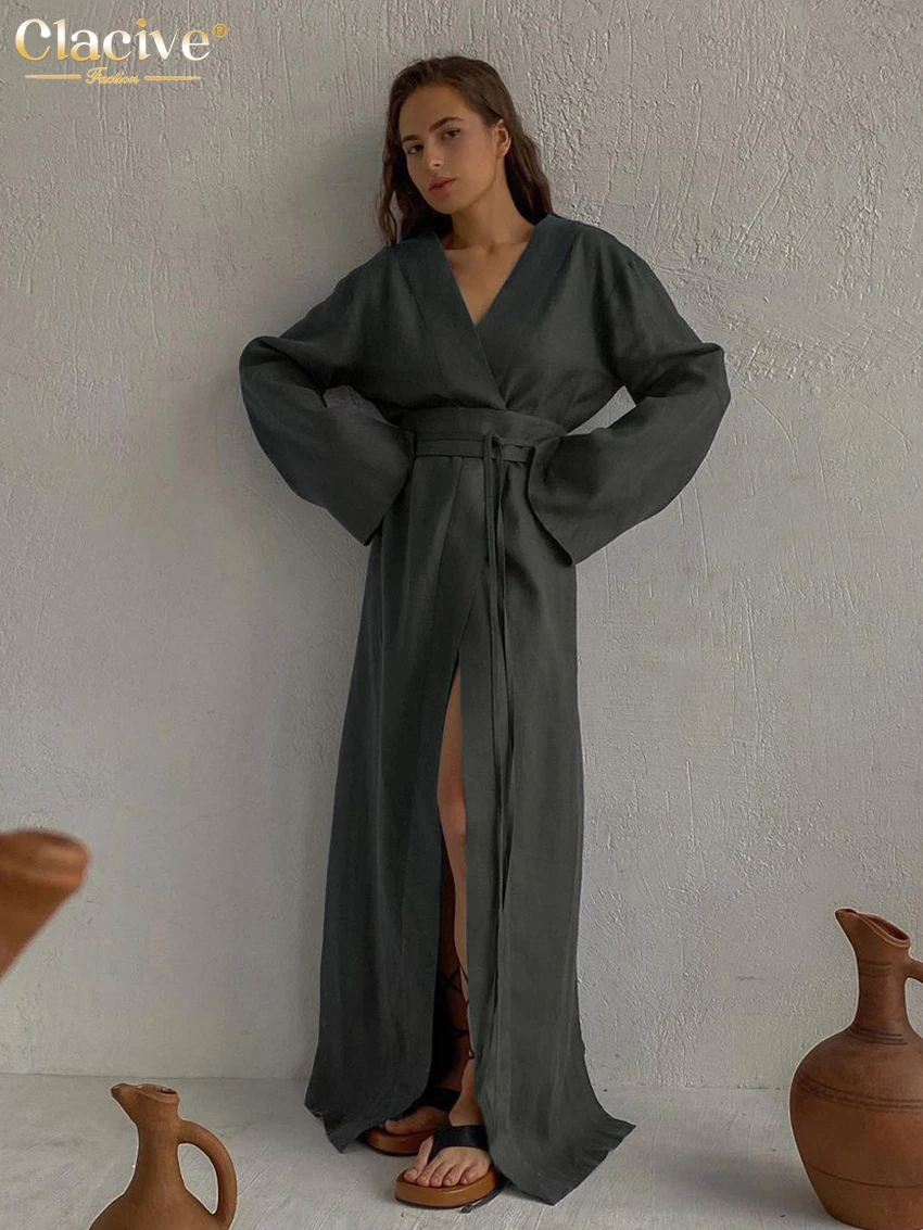 

Clacive Casual Loose Gray Dresses For Women 2022 Autumn Fashion V-Neck Long Sleeve Maxi Dress Elegant Lace-Up Slit Female Dress