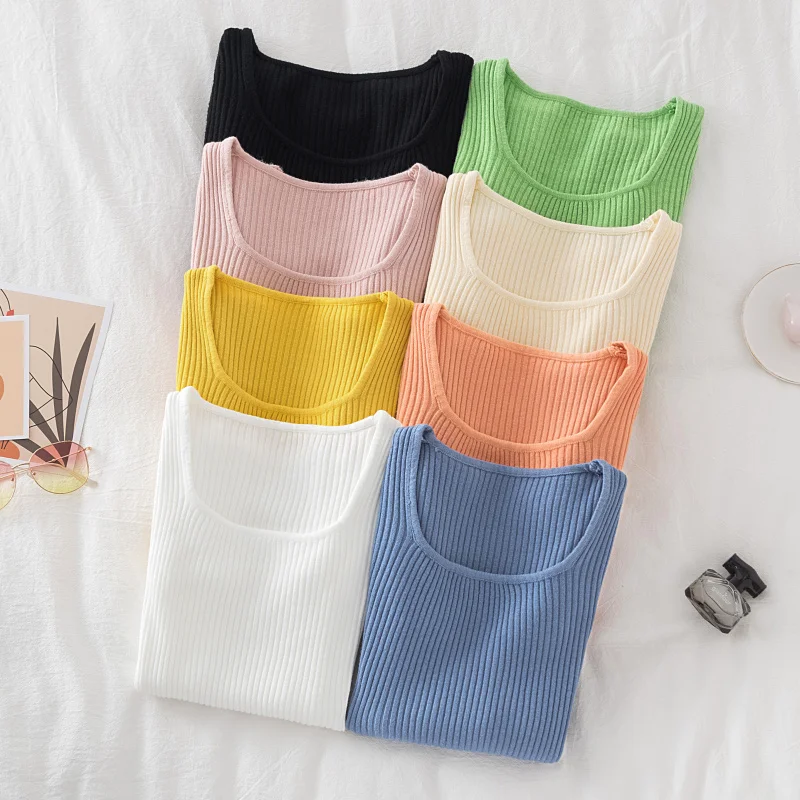 

Осенне-зимний новый облегающий базовый пуловер с квадратным вырезом рубашка с длинным рукавом корейские синие женские Топы вязаный свитер ...