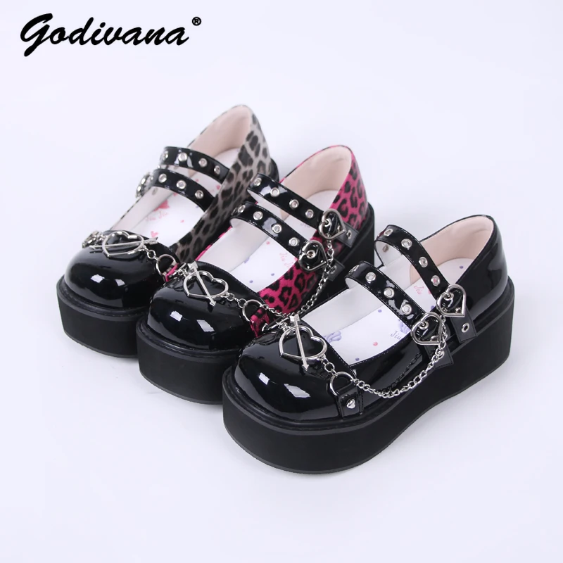 

Lolita Retro Punk Sweet and Spicy High Heel Platform Shoes Love Round Toe JK All-Match Muffin Women's Pumps Leather Shoes