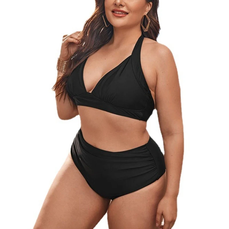 

Комплект бикини однотонный с V-образным вырезом и рюшами