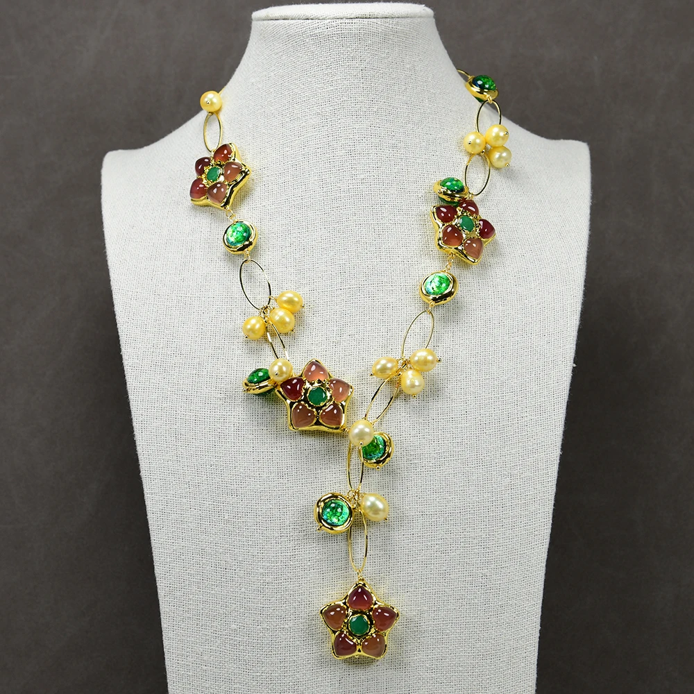 

Искусственное пресноводное Золотое жемчужное ожерелье из зеленого муранского стекла с оранжевым агатом и нефритом женское простое Подарочное украшение