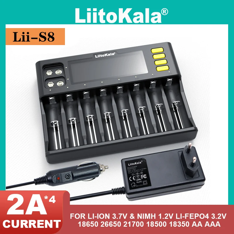 LiitoKala Lii-S8 LCD Battery Charger Li-ion 3.7V NiMH 1.2V Li-FePO4 3.2V IMR 3.8V for 18650 26650 21700 26700 18350 AA AAA 9V