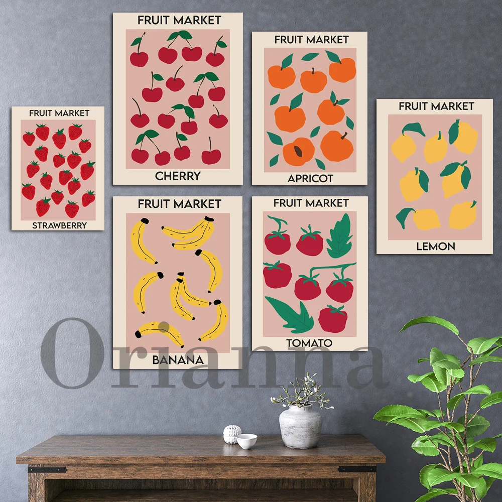 

Fruit Market Poster Cherry-Lemon-Apricot-Banana-Strawberry-Tomato, Gallery Wall Art Print,Modern Kitchen Restaurant Decor Canvas