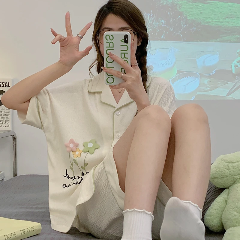 Summer Pajama Sets For Women Adult Flower Printing Sleepwear  Cotton Cool Pyjama Pour Femme Sweet Girl Homewear Pijama