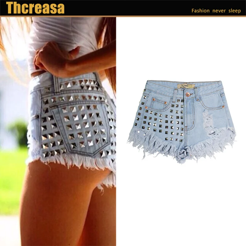 Summer Sexy Hot Pants Women's Denim High Waist Pants Classic Broken Rivet Irregular Cat Whisker Denim Shorts