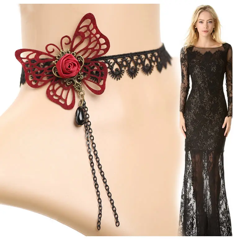 Ожерелье-чокер женское с красной ажурной бабочкой классическое готическое