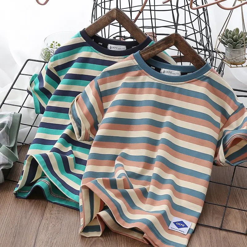 

Children's Clothing Cotton Short Sleeves Summer New 2021 Boys Crew Neck Tops Striped T-Shirts Boys' Children's Clothing T-Shirts
