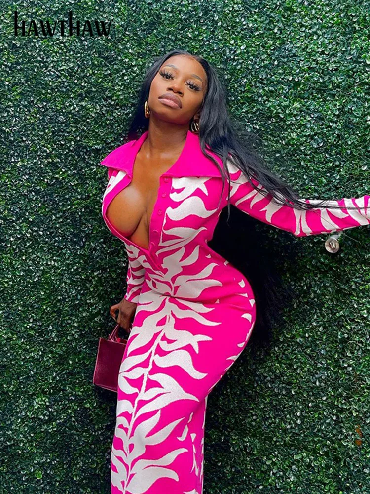 

Hawthaw Women Autumn Long Sleeve Floral Printed Bodycon Pink Long Dress 2021 Fall Wholesale Clothes Streetwear Dropshipping