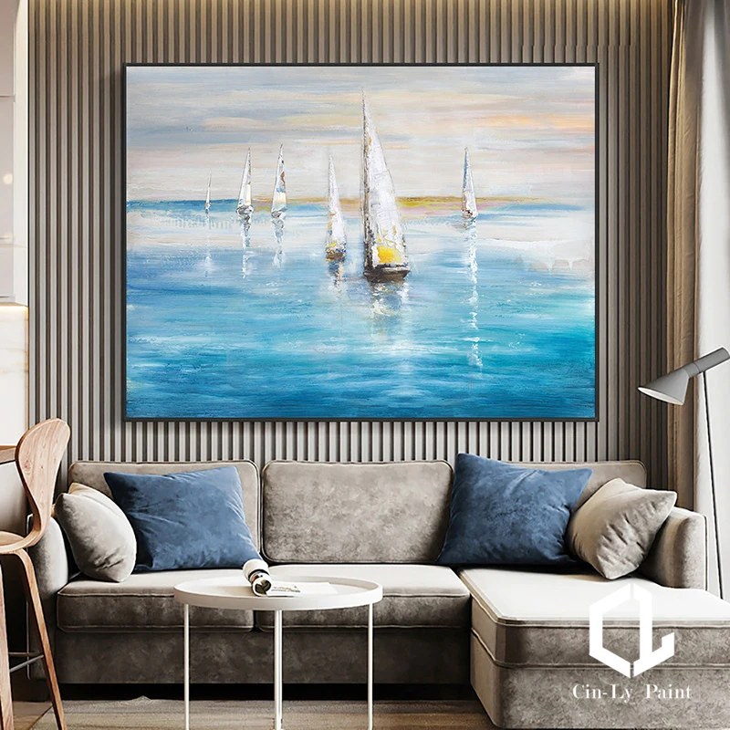 

Hand-painted Seascape Oil Painting On Canvas Bailing Boat Blue Sea Textured Modern Wall Art Living Room Decoration Frameless