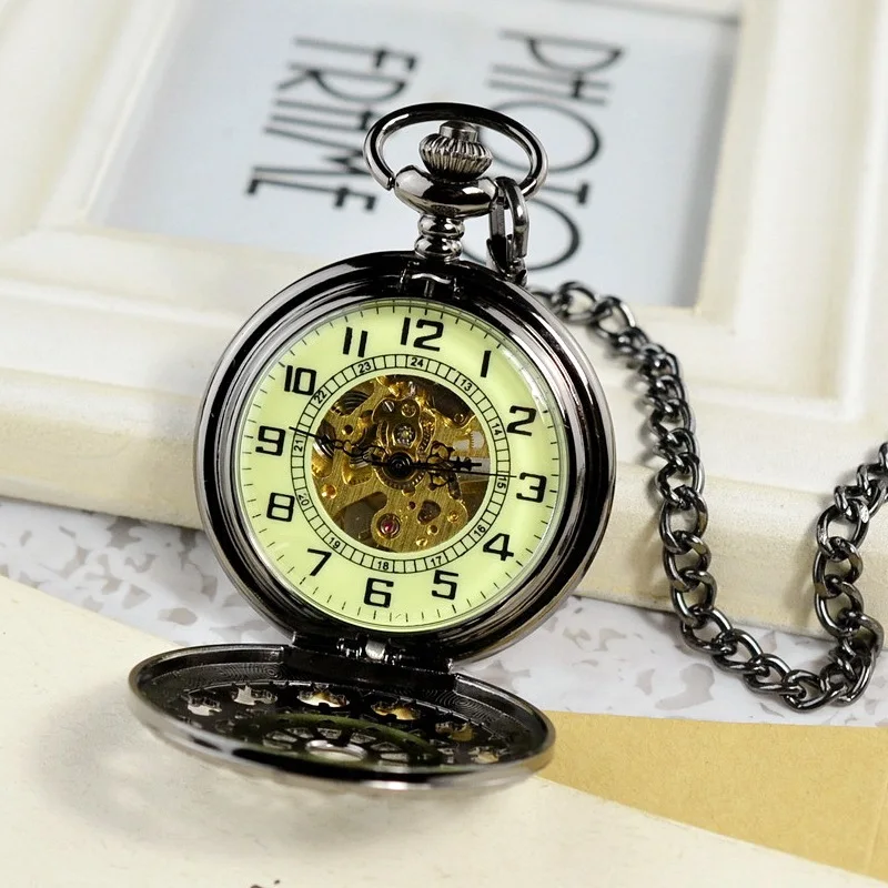 Luxury Mechanical Vintage Black Hollow Flower Pocket Watch for Men Women Man Skeleton Roman Numeral Dial Fob Chain Pendant Clock