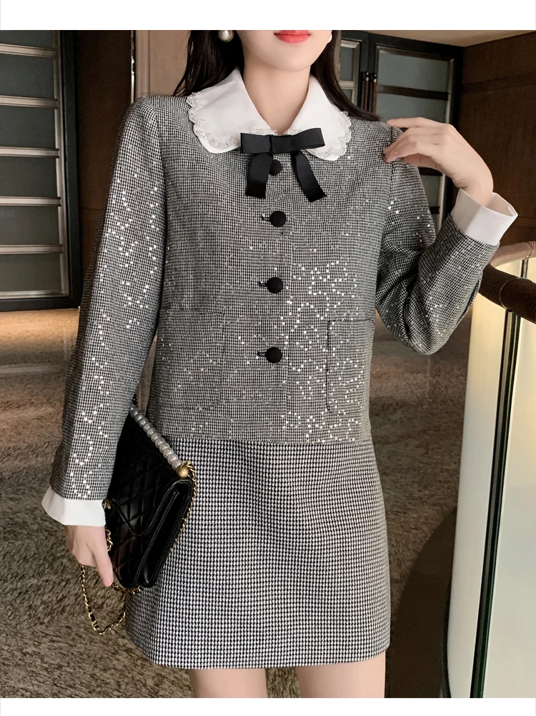 High-quality Women's short Skirt 2-piece set elegant small fragrant Fashion tweed Jacket + bow A-line miniskirt cute Suit 2022
