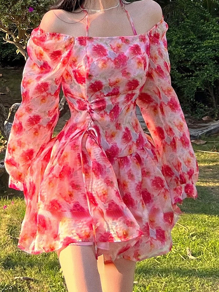 

Элегантное платье во французском стиле, корейская мода, лето 2022, повседневное винтажное короткое праздничное платье с длинным рукавом и цве...