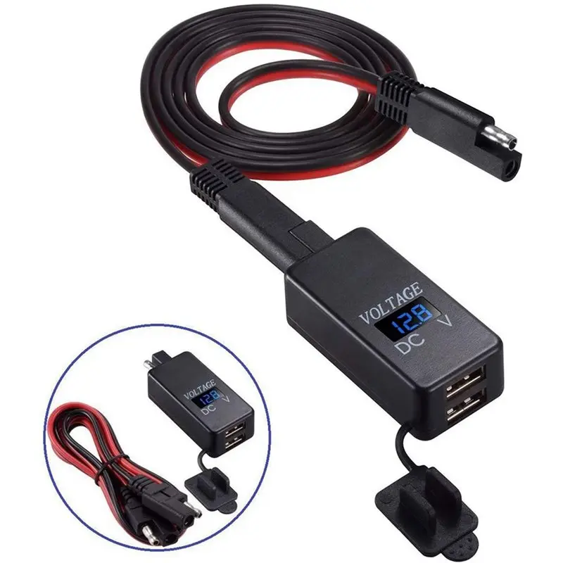 Фото 2X адаптер SAE на USB с вольтметром, быстросъемный разъем для мотоцикла с водонепроницаемым двойным USB-портом для смартфона. №4