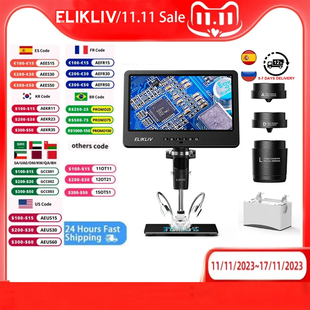 

Elikliv EDM602 1500X 10.1inch LCD Digital Microscope With 3 Lens Coin Electronics Soldering Microscope Tool 64G for Windows Mac