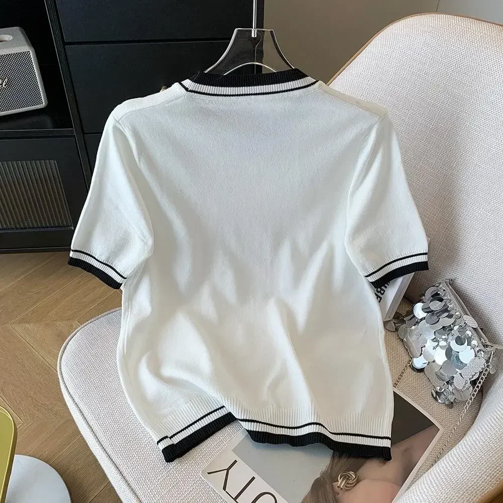 2024 женский вязаный свитер премиум-класса контрастного цвета с круглым вырезом