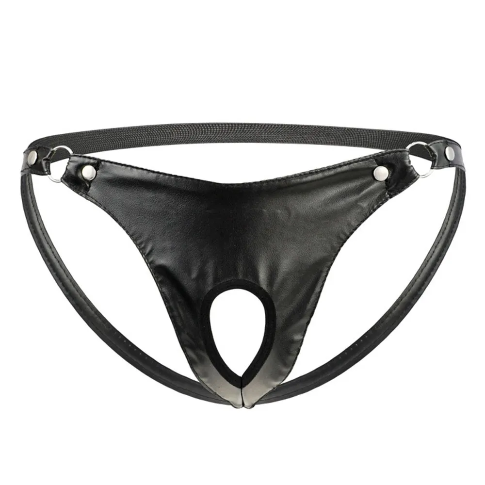 

Men Sexy Underwear Artificial Leather Metal Ring Thong Jock Strap Underpants Male Gothic Open Back Zipper Erotic Sleepwear