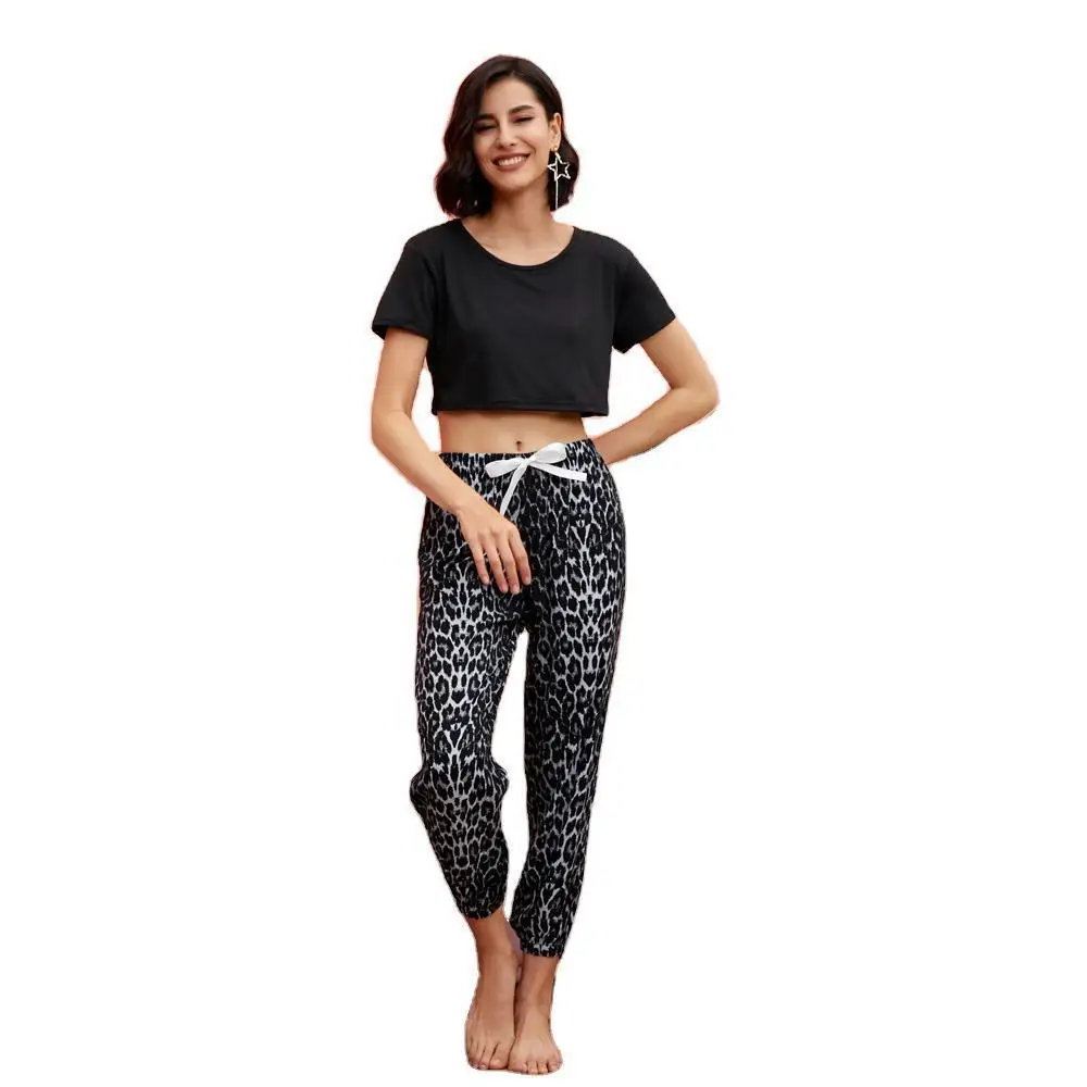 Women's Summer Sets Pajamas Fashion Homewear Shorts Sleeve Solid Short Top Leopard Print Lace-up Shrink Trousers Women Pajama