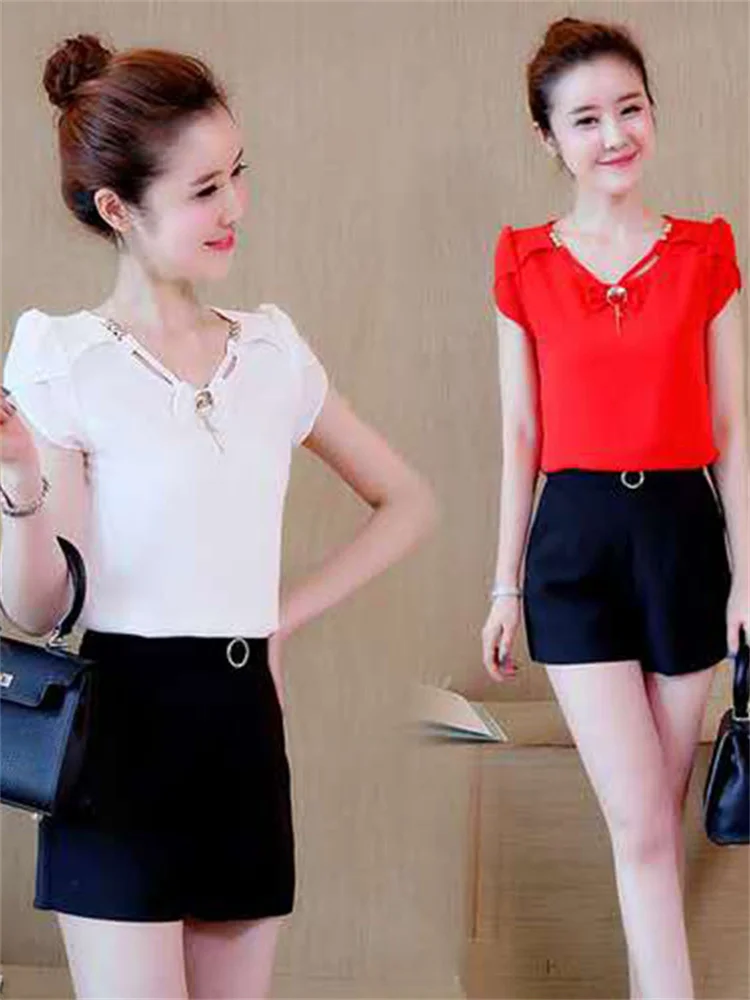 Женская шифоновая блузка летний топ с коротким рукавом DF2584 размера плюс |