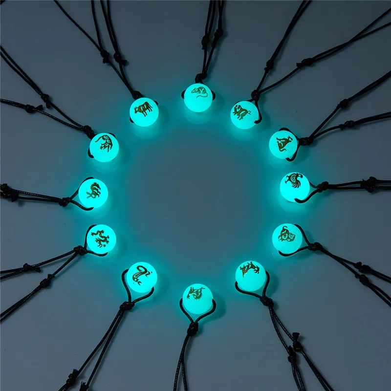 

Chinese Style Zodiac Pendant Necklace Men Women Luminous Black Rope Round Ball Necklace Simple design Jewelry Birthday Gifts