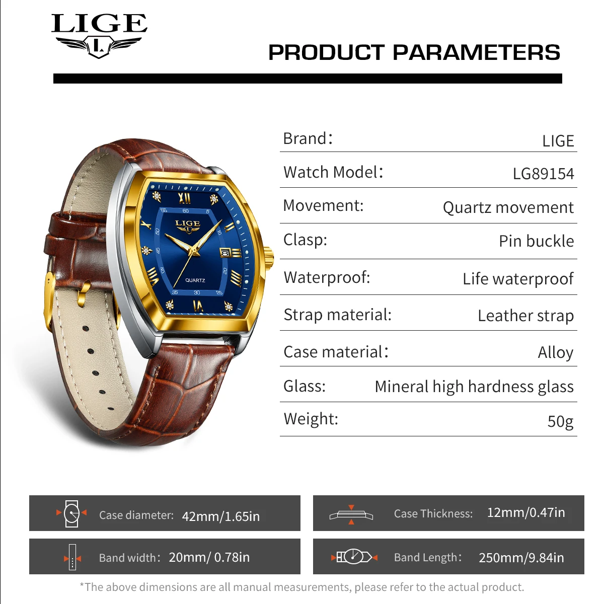 LIGE Tonneau Shape Кварцевые мужские часы Модные военные кожаные ремешки Светящиеся