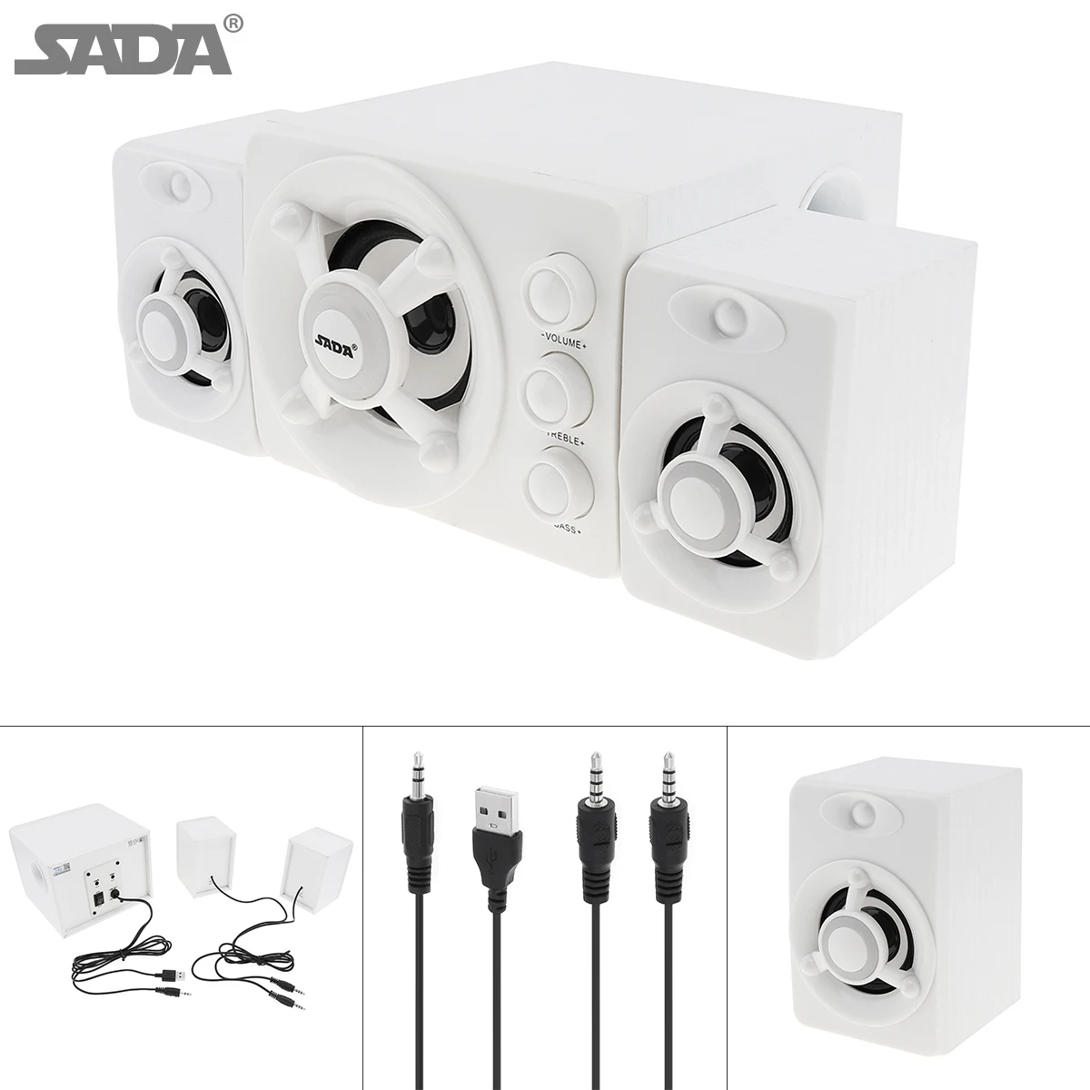 

SADA D-208 2.1 Mini White 3W Wooden 3D Surround Sound Subwoofer Music USB Computer Speaker for Desktop TV PC Smartphone