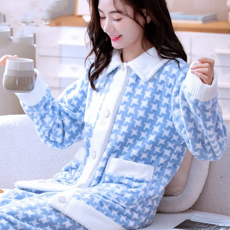 Winter Pajamas Set Sexy Plaid Sleepwear For Women Soft Warm Flower Thick Pyjama Women's Winter Fashion Casual Flannel Homewear