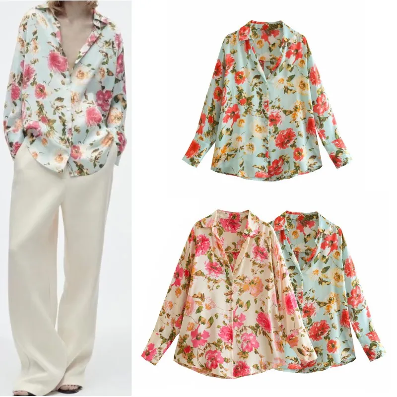 RDMQ 2023 Women Fashion Floral Print Loose Satin Shirts Vintage Long Sleeve Front Button Female Blouses Blusas Chic Tops
