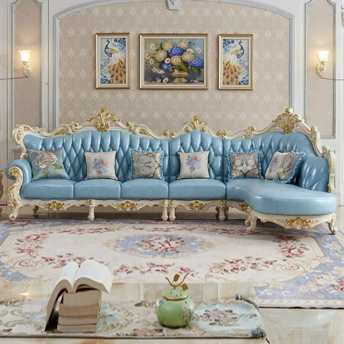Фото «Королевский европейский стиль, современные роскошные диваны из натуральной кожи, L-образный диван, тканевый бархатный диван L-образной формы для мебели для гостиной №1