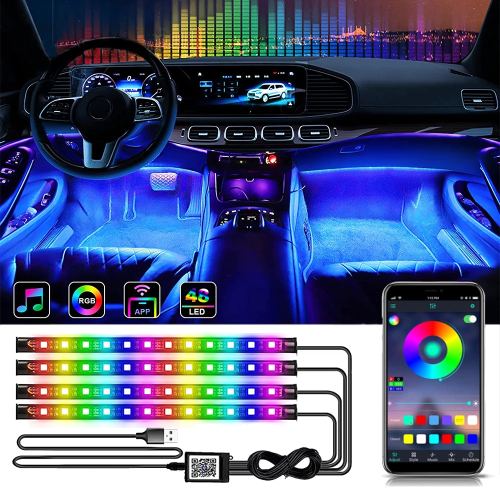 Neon 48 72 LED Car Interior Ambient Foot Light with USB Wireless Remote Music App Control Auto RGB Atmosphere Decorative Lamps