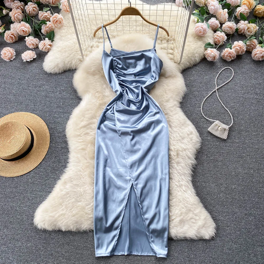 

Новинка лета 2022, модное банкетное вечернее платье высокого качества, атласное Плиссированное приталенное характерное платье на бретелях с ...