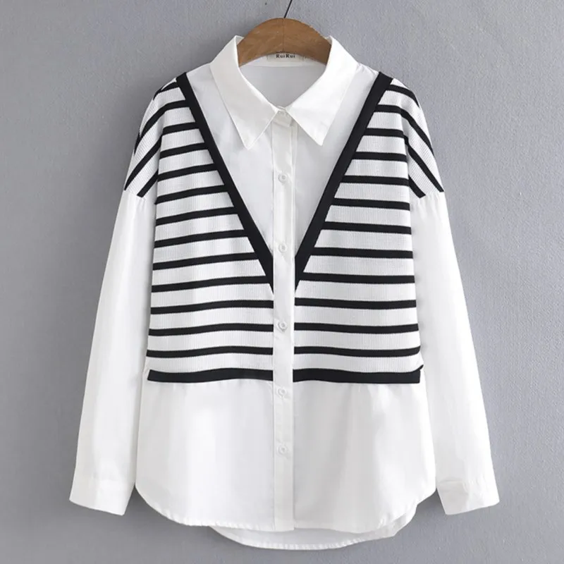 

4XL Plus Size Shirt Women 2023 Spring Cotton Fake Two Piece Stripe Blouses Loose Temperament OL Long Sleeve Tops Curve Clothes
