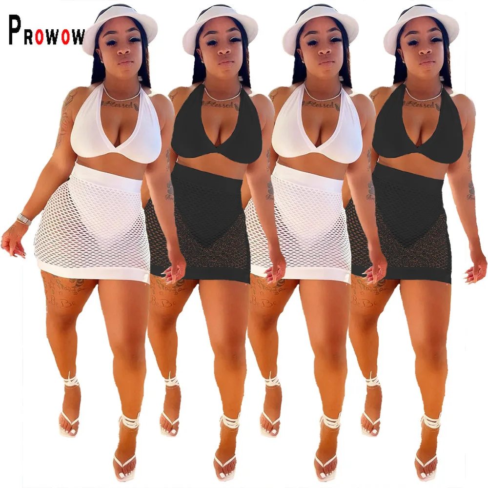 

Prowow Sexy Women Beachwear Set Lace Up Cropped Tops Mesh Skirt Two Piece Party Nightclub Suits New Summer Female Clothing Set